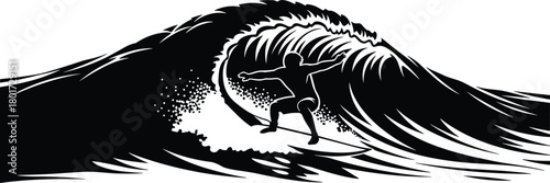 Surfer riding a large wave in black and white silhouette, surfing, surfer, wave, ocean, sea, water, sport, extreme sport, action, silhouette, black and white, monochrome, graphic, illustration, dynami