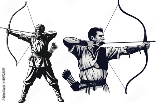 Two archers drawing bows aiming arrows in graphic style, archery, archer, bow, arrow, sport, competition, aiming, drawing bow, target, athlete, warrior, hunter, traditional, historical, graphic, illus
