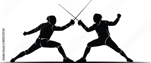 Two fencers in silhouette facing each other with swords raised, fencing, sport, duel, competition, athlete, swordsman, silhouette, black and white, action, combat, fight, challenge, opponent, warrior,
