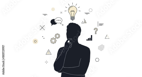 Silhouette of a person contemplating with a bright idea lightbulb and various business concepts floating above