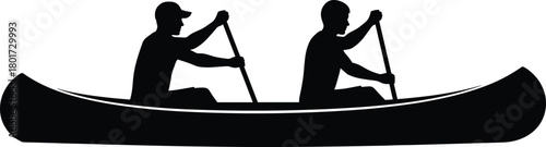 Two people paddling a canoe silhouette black and white, canoe, paddling, people, silhouette, black and white, water sport, recreation, outdoor activity, teamwork, journey, travel, adventure, rowing, b