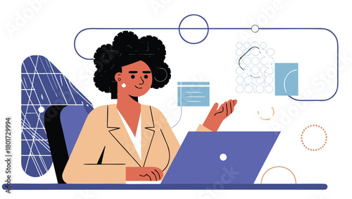 Modern female entrepreneur working in a vibrant collaborative coworking space focused on her laptop and business ideas