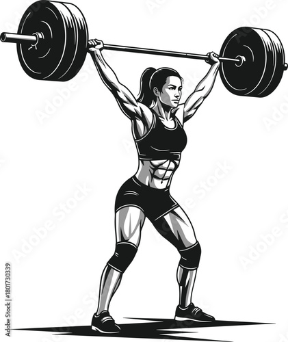 Woman weightlifter lifting barbell overhead in monochrome, woman, weightlifter, barbell, lifting, overhead, strength, fitness, exercise, gym, workout, sport, competition, monochrome, black and white, 