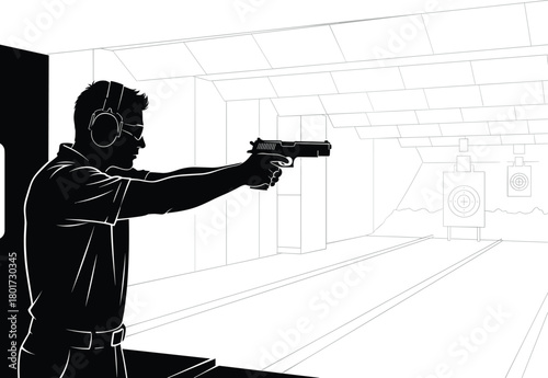 Silhouette man aiming handgun at targets in indoor shooting range, shooting range, man, silhouette, handgun, pistol, target, aiming, gun, weapon, indoor, sport, practice, training, safety, headphones,