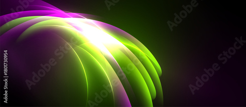 Abstract design features vibrant green, purple hues. Bright light emanates from center, creating dynamic flow. Smooth curves suggest energy, movement.
