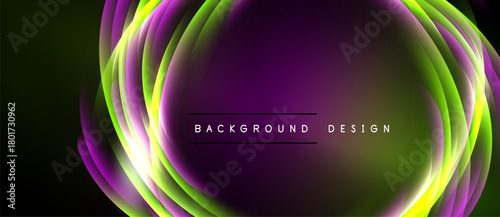 Abstract vibrant layers create glowing circular design. Purple, green hues dominate composition. Text reads background design.