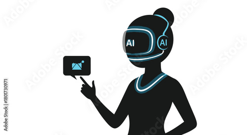 Silhouette of a woman wearing a futuristic ai virtual reality headset interacting with a digital screen