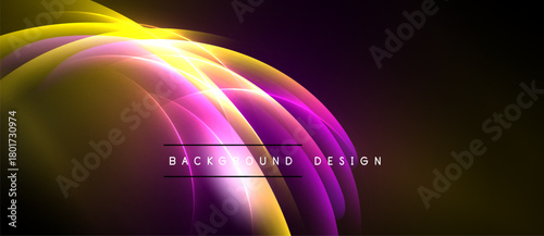 Abstract neon light waves. Vibrant purple, yellow hues create dynamic background. Modern design element, sleek presentation.