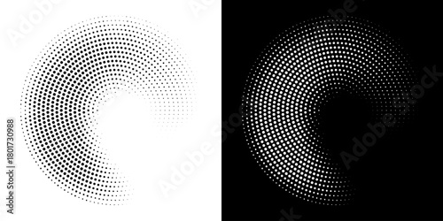 Halftone Circular Dot Pattern. Circle Frame using Halftone Dots Raster Texture. Polka Dots. Spiral logo Icon. Radial design element. Vector Illustration.