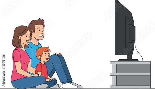 Happy family sitting together watching television, joyful parents and child bonding illustration, leisure time entertainment, cartoon vector art with love