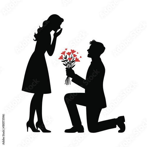 Man Proposing with Flowers to Woman Silhouette on White Background