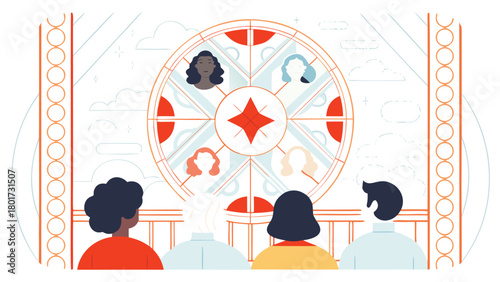 Abstract geometric shapes artfully arranged to form a warm inviting circle of diverse people symbolizing unity and community in a vibrant colorful design