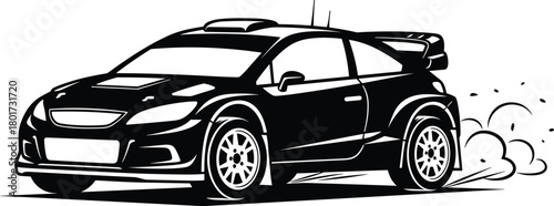 Black rally car kicking up dust and smoke racing sport, car, rally car, racing, sport, vehicle, speed, motion, dust, smoke, dirt, off-road, action, black and white, graphic, illustration, silhouette, 