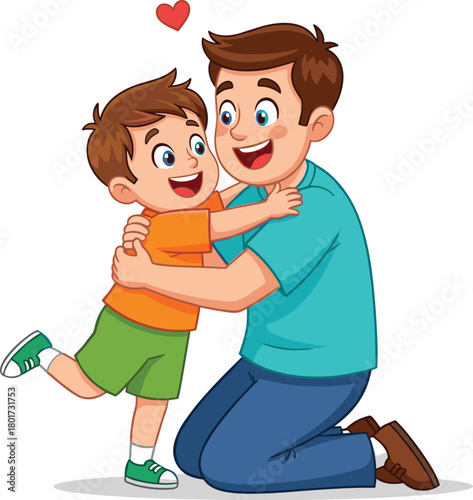 Joyful father and son embracing with love, happy family bonding illustration, parenting affection, emotional connection, heartwarming cartoon vector art