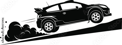 Black rally car kicking up dust on a white background, rally car, racing car, sports car, off road, dust, dirt, speed, motion, action, dynamic, silhouette, black and white, graphic, illustration, vect