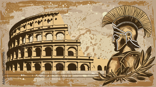 Vector art of Roman empire elements with Colosseum, helmet and shield