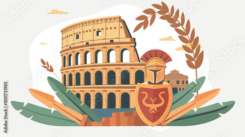 Vector art of Roman empire elements with Colosseum, helmet and shield