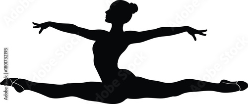 Black silhouette of a female ballet dancer in a split leap, ballet dancer, silhouette, woman, female, dancer, dancing, leap, split, gymnastics, flexibility, grace, elegance, movement, pose, athletic, 