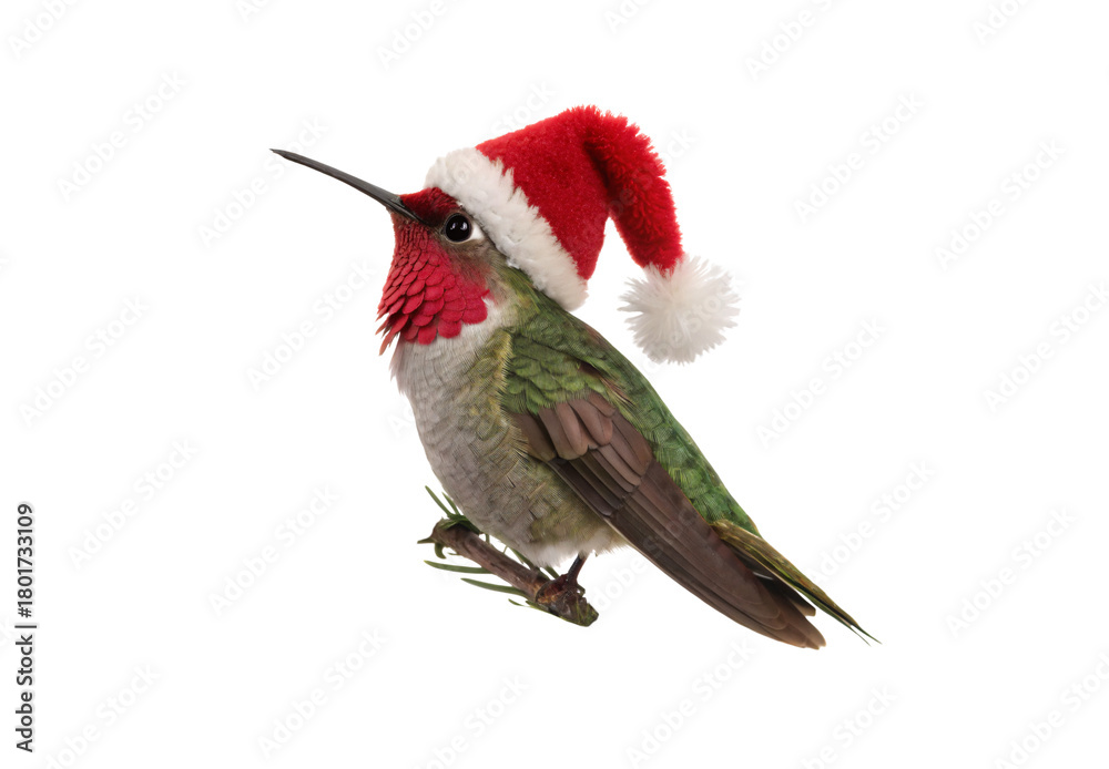 Obraz premium Hummingbird perched wearing red Santa hat, side view, isolated on a transparent background
