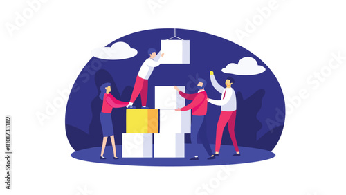 Diverse team of workers collaborating to build a tall tower using stacked boxes symbolizing teamwork construction and project completion in a vibrant colorful illustration