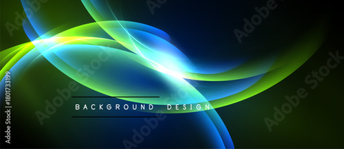 Abstract flowing lines, vibrant colors. Dark background enhances luminous curves, creating dynamic visual effect. Modern design element.