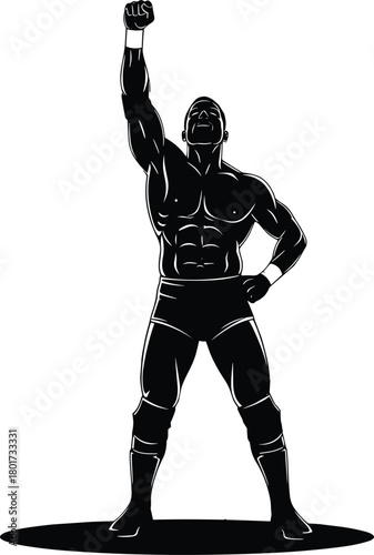 Black silhouette of a muscular wrestler raising his fist, wrestler, silhouette, black and white, muscular, athletic, strong, victory, fist, raised arm, celebration, wrestling, sport, competition, male