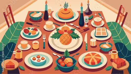 Festive dinner table with a variety of colorful dishes, fruits, desserts and drinks arranged for a holiday celebration in a warm, cozy setting