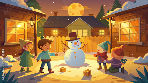 Children playing around a snowman in a cozy snowy yard at dusk with warm lights and a full moon in the background