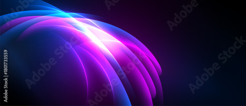 Abstract glowing layers create dynamic energy. Vivid purple, blue hues dominate dark background. Light radiates from central point.