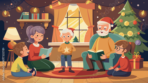 Family gathered in a cozy living room reading books together near a decorated Christmas tree and glowing lights on a festive winter evening
