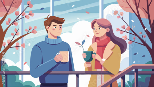 Young couple standing on a balcony in autumn, holding hot drinks and enjoying the crisp weather with falling leaves and soft morning light