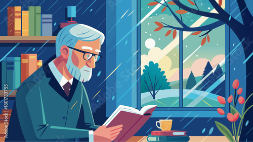 Elderly man reading a book by the window during a rainy day with a peaceful landscape outside and a warm indoor atmosphere