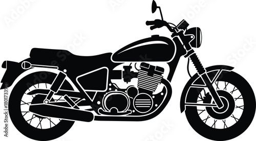 Black silhouette of a vintage motorcycle on white background, motorcycle, motorbike, vintage, retro, classic, silhouette, black, white, transportation, vehicle, engine, wheels, handlebars, seat, exhau