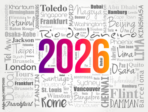 2026 surrounded by city names like London, Tokyo, Dubai, Madrid, Beijing, Lima, Rome, Taipei and more, forming a dynamic travel-themed word cloud highlighting destinations around the world