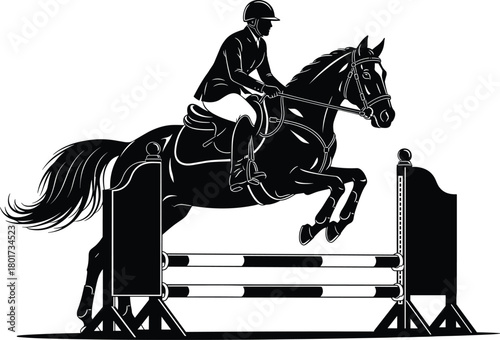 Black silhouette of horse and rider jumping over obstacle, horse, rider, jumping, equestrian, sport, competition, silhouette, black and white, obstacle, fence, show jumping, eventing, horseback riding