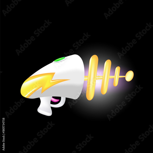 Cartoon super space energy blaster isolated on black background. Retro game label or icon with vintage space laser pistol gun. Tesla electric coil gun