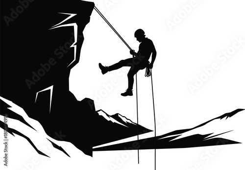 Black silhouette of person rappelling down a rocky cliff face, rappelling, rock climbing, silhouette, person, cliff, mountain, extreme sport, adventure, outdoor, activity, descent, rope, harness, helm