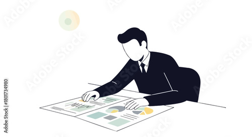 Business professional in a suit sitting at a desk and reading a newspaper with focus and concentration