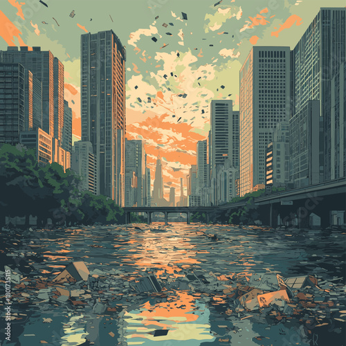 A thought provoking digital artwork depicting a dystopian futuristic cityscape drowning in a sea of financial debris and rubble , vector style simple color