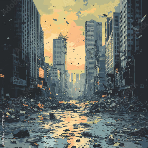 A thought provoking digital artwork depicting a dystopian futuristic cityscape drowning in a sea of financial debris and rubble , vector style simple color