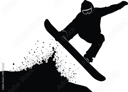 Black silhouette of snowboarder jumping with snow spray, snowboarder, silhouette, jumping, snow, spray, action, winter, sport, extreme, motion, dynamic, black and white, graphic, illustration, isolate