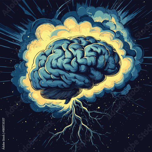 A powerful storm erupts around a human brain symbolizing intense thought and mental energy. , vector style simple color