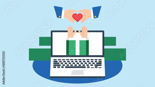 Minimal flat design illustration of hands gently offering a red heart symbol representing love care and support in a clean modern style