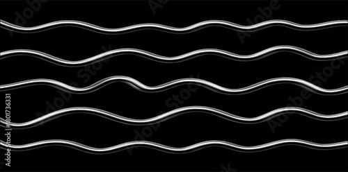 Chrome metal curve 3d line on black background. Y2k fluid wave, flow swirl, 3d line path. Dynamic steel shapes. Vector trend 3d illustration