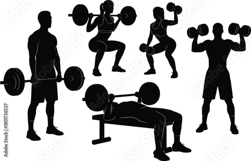 Black silhouettes of people exercising with weights, weightlifting, exercise, fitness, workout, gym, strength training, bodybuilding, silhouette, man, woman, barbell, dumbbell, squat, bench press, lif