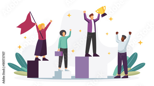Modern vector art illustration of a diverse team standing confidently on stacked geometric cubes symbolizing teamwork success and progress in a vibrant professional setting