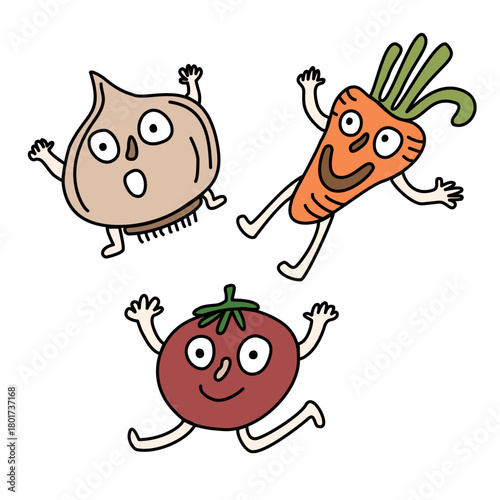 Funny vegetables cartoon, garlic, carrot and tomato characters illustration.