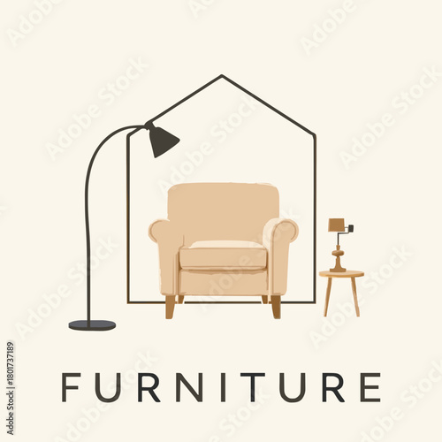 A clean minimalistic logo featuring a soft beige armchair centered within a thin, geometric house outline. A curved black floor lamp stands on the left, while a compact nightstand with a tiny lamp sit