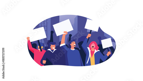 Diverse group of people protesting in a city street shouting slogans and raising their fists in a demonstration of solidarity and activism