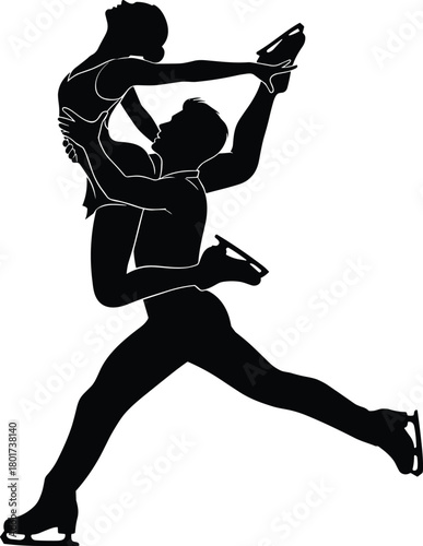 Black silhouette of figure skaters performing a lift, figure skating, ice skating, silhouette, couple, lift, performance, sport, ice, winter, athletic, dynamic, action, movement, grace, elegance, danc